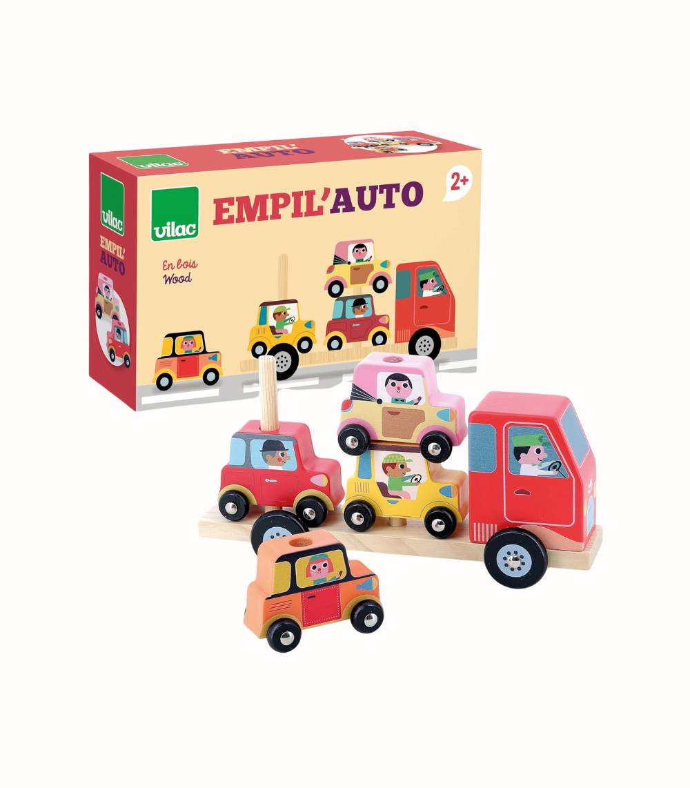 Stapelleksak med trälastbil och bilar