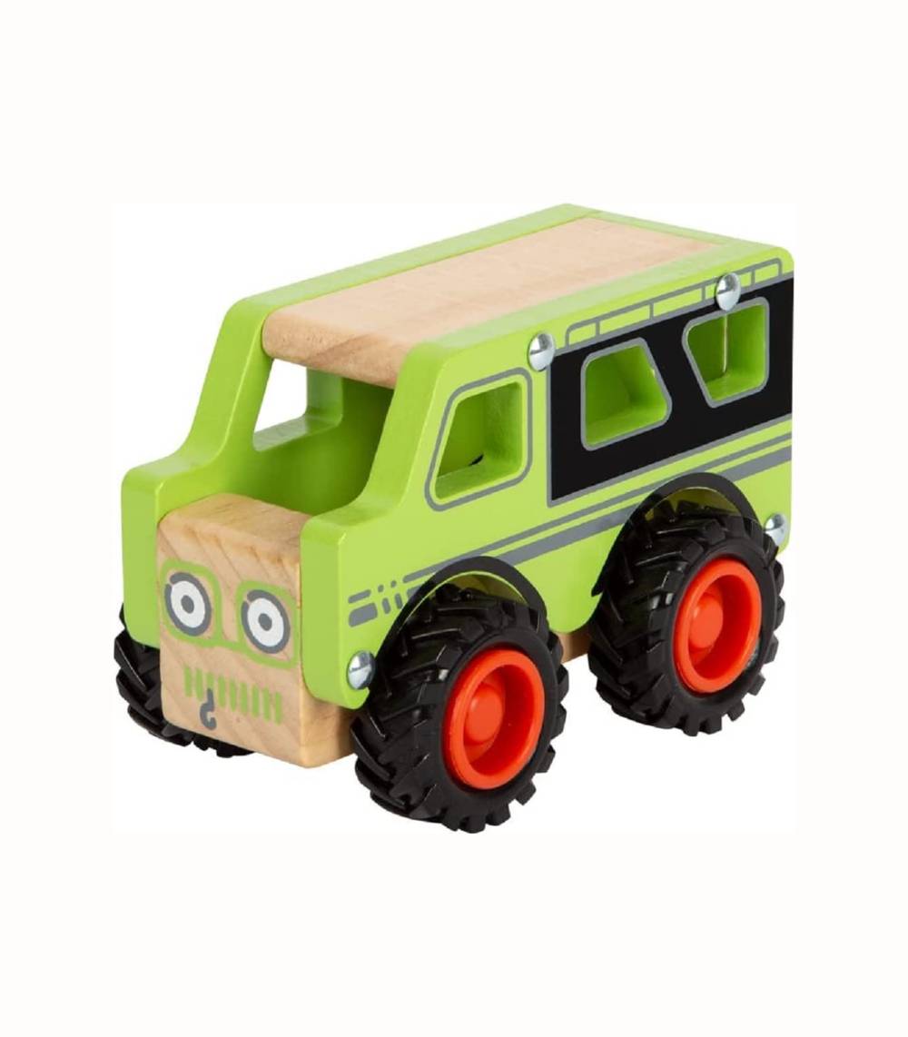 Terrängbil i trä med gummihjul