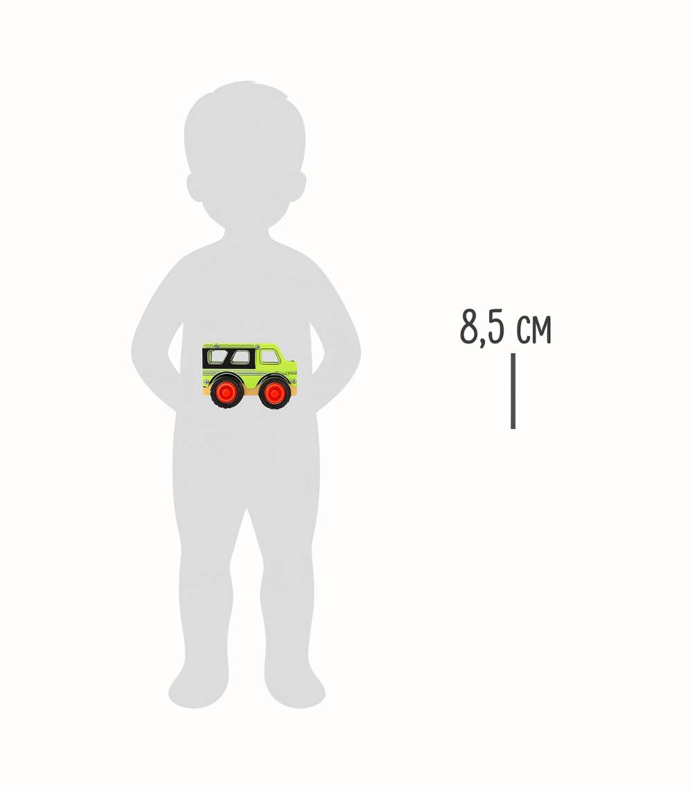 Terrängbil i trä med gummihjul