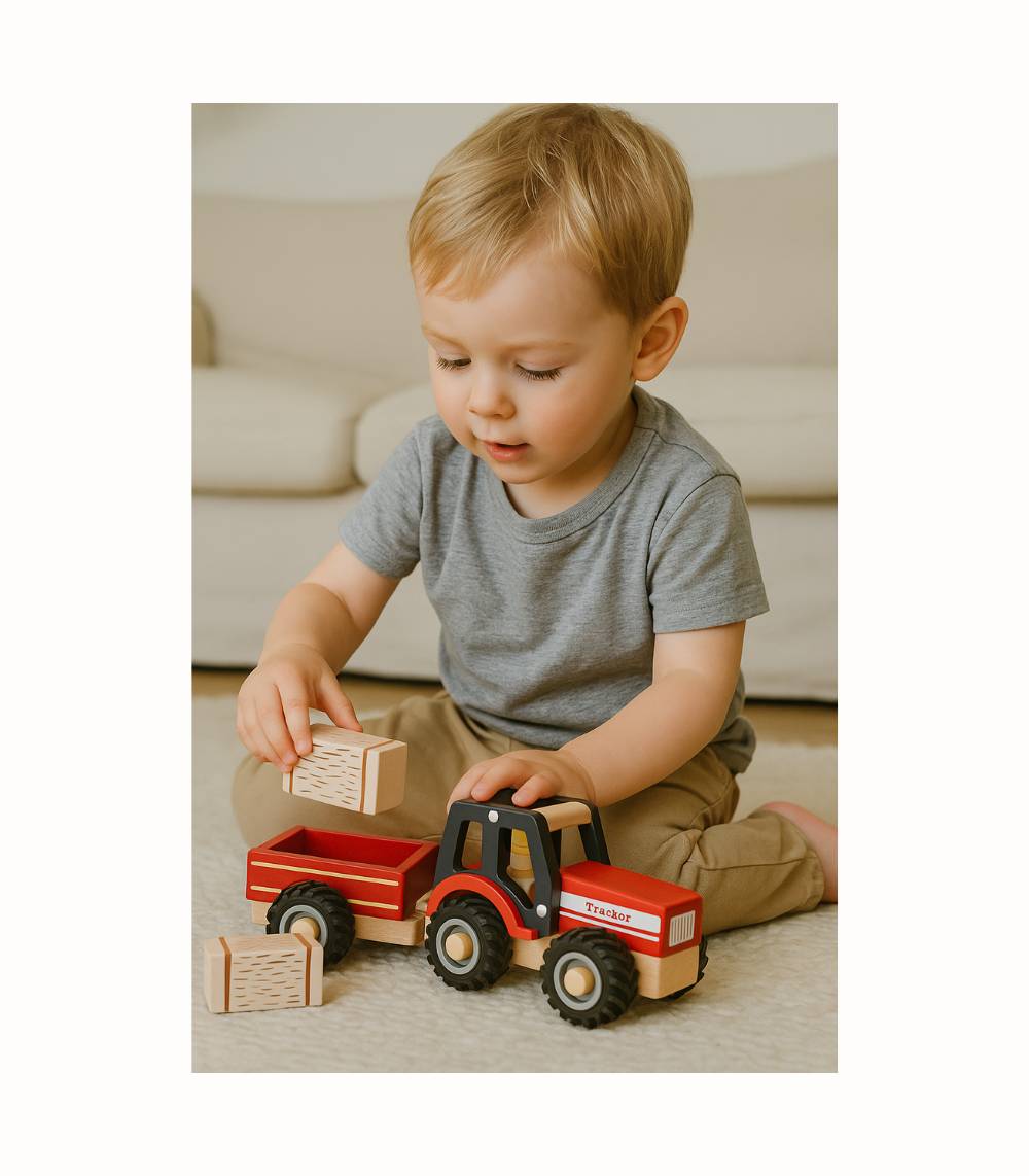 Trätraktor med släp och höbalar